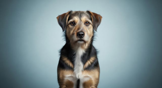 A dog is sitting in front of a blue background photo