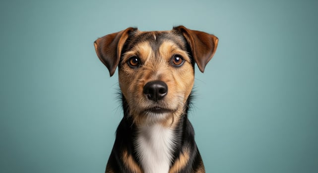 A dog is looking at the camera on a blue background photo