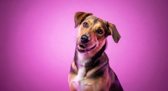A dog is looking up at the camera on a purple background photo