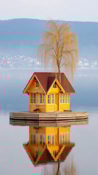 A small house on a small island in the middle of a lake photo