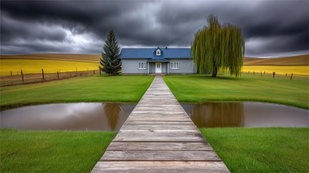 A house sits on a wooden walkway under a stormy sky photo