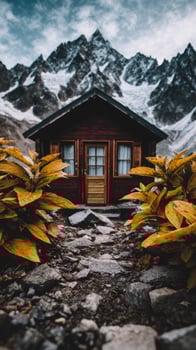 A small cabin in the mountains with plants and rocks photo