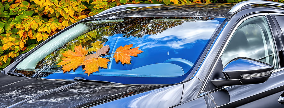A car with a leaf on the windshield photo