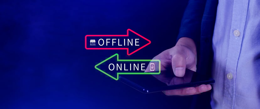 Online vs offline business sales or marketing strategy concept, Transition from offline to online in commerce business. photo