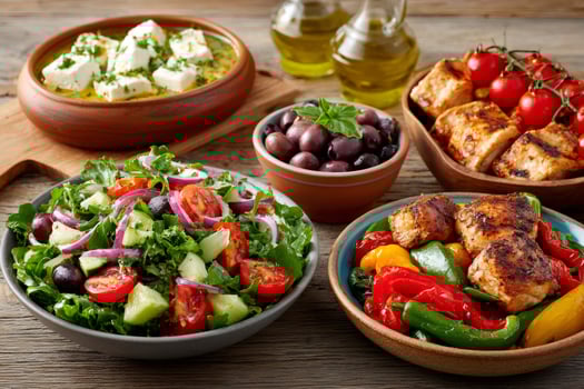 Greek food featuring grilled chicken, salad, olives, and feta photo