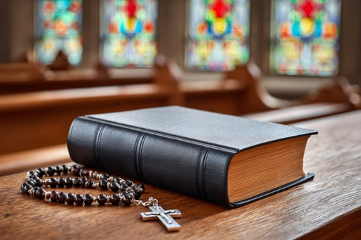Holy bible resting on church pew with rosary beads and crucifix, symbolizing faith and devotion photo