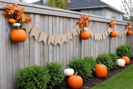 Pumpkins and burlap bunting decorating a wooden fence for autumn photo