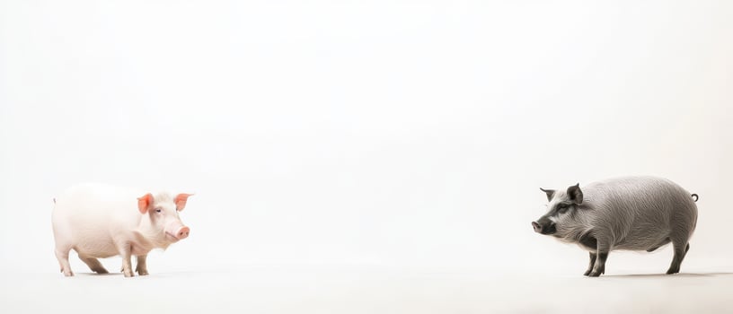 Two pigs standing on a plain white background photo
