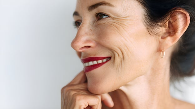 Smiling mature woman with red lipstick touching chin photo