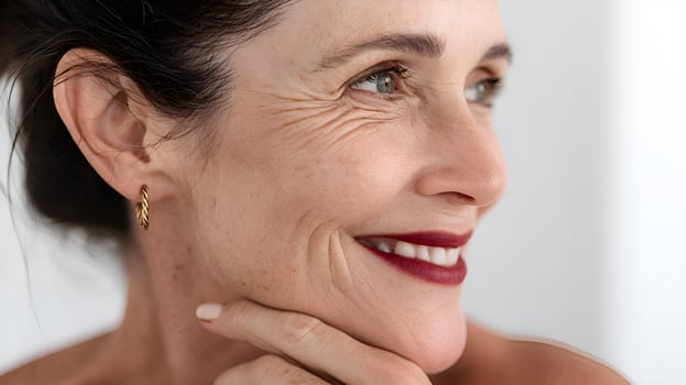 Beautiful mature woman smiling and showing wrinkles on her face photo