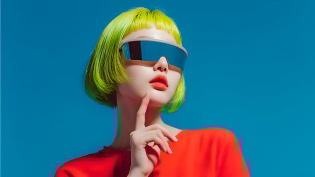 Asian model with green hair and futuristic glasses posing on blue background photo