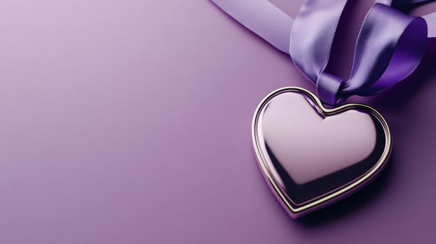 Shiny purple heart pendant hanging from a ribbon symbolizing love and affection photo