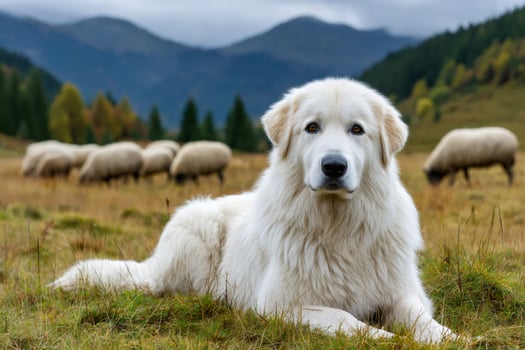 Maremma sheepdog guarding sheep in mountain landscape photo