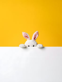 Cute Plush Bunny Peeking Over Blank White Board on Yellow Background photo