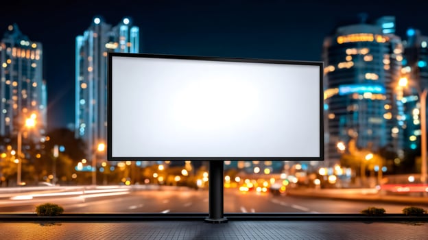 Blank billboard displaying advertising message on city street at night photo