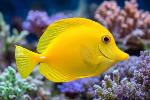 Yellow tang fish swimming in a coral reef aquarium photo