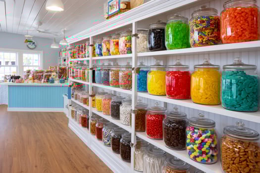 Colorful candy displaying on shelves in candy store. .. photo