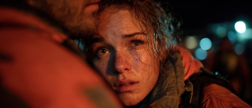 Distressed Caucasian woman with tearful eyes being comforted outdoors at night Concept of emotional support, empathy, and crisis photo