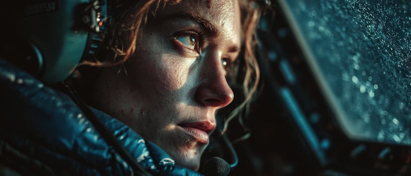 Focused Caucasian woman pilot in cockpit during rainy weather Female aviator wearing headset inside airplane cabin Concept of determination, aviation, and challenging conditions photo