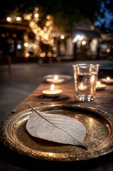 Still life with leaf on plate, water glass, and candles at night photo
