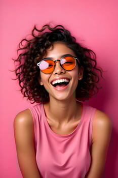 Happy Woman Laughing in Pink Outfit and Sunglasses on Pink Background photo