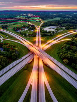 Aerial view of highway interchange during sunset in Wisconsin photo