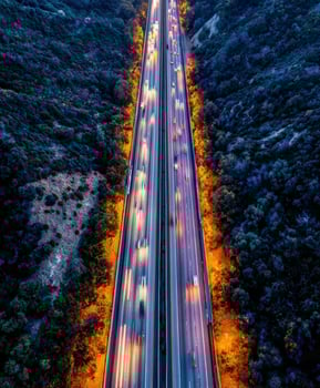 Aerial view of traffic at night on Highway in Los Angeles photo