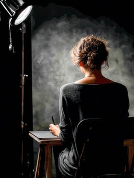 Artist drawing at table in dimly lit studio at night photo