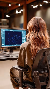 Woman working on computer in modern office at night photo