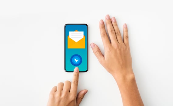 Newslettering Concept. Unrecognizable Female Using Smartphone With Opened Envelope Sign And Check Mark Button, Subscribed To Email Marketing, Creative Collage, Top View With Copy Space photo