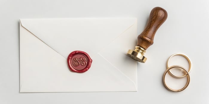 Wax seal on envelope with wedding rings photo