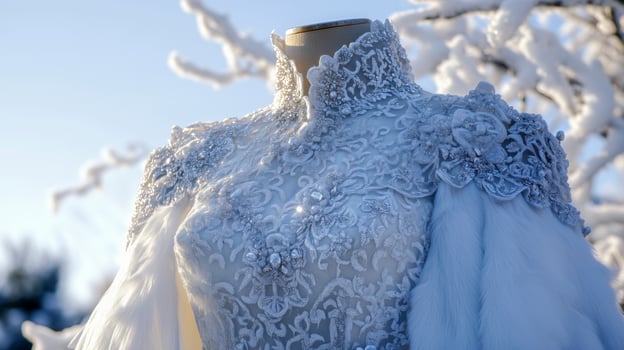 A wedding dress is covered in snow photo
