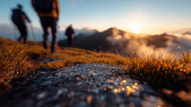 Three people hiking on a mountain at sunset photo