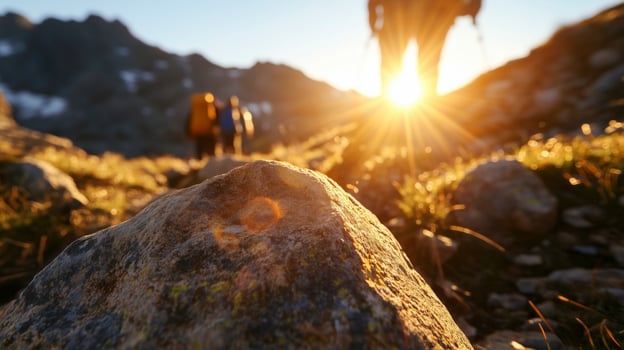 close-up of hikers traversing a sunlit mountain trail during golden hour photo
