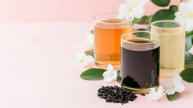 flatlay of green tea, black tea, white tea and oolong tea in small glass jars photo