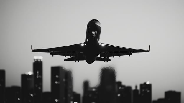 Black and white photo of airplane flying over city skyline