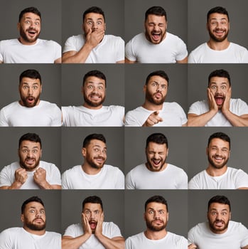 Collage of young man expressing different positive and negative emotions photo