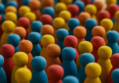 Many wooden people are standing in a row photo