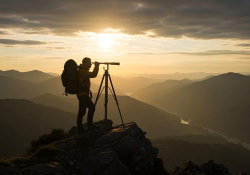 A person with a backpack standing on top of a mountain with a tripod looking at the sunset photo