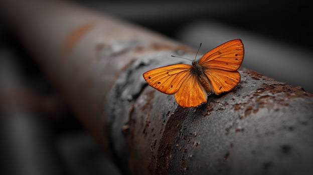 Vibrant orange butterfly rests on a rough, rusty industrial pipe. Focus on nature and decay. photo