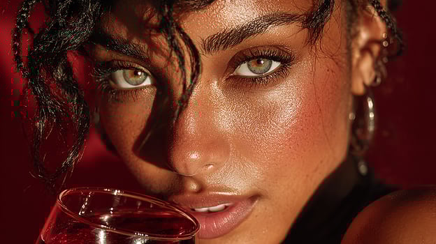Close-up portrait of a woman with captivating eyes, holding a glass. photo