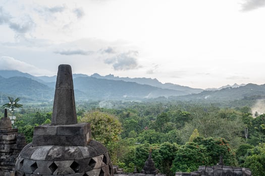 Scenic Overlook Stone Temple Detail with Forested Mountain View at Sunrise photo
