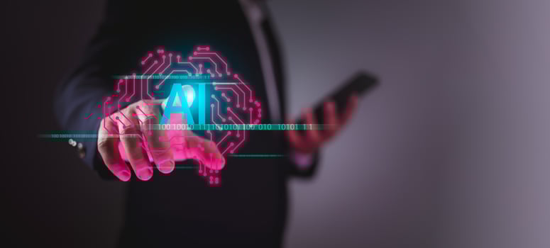 Businessman using virtual brain interface to control AI technology, symbolizing innovation, ethical artificial intelligence, data security, and responsible digital transformation. photo