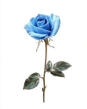 A single blue rose with a long stem and green leaves isolated on a white background studio shot photo