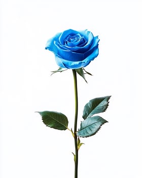 A single blue rose with a long stem and leaves against a clean white background studio shot photo