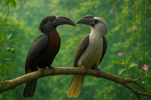 image of a male and female black hornbill perched on a tree branch surrounded by green forest foliage under bright daylight in a natural tropical setting photo