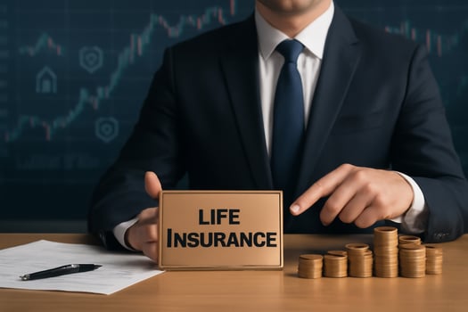 image of a businessman with a focus on life insurance sign, financial documents, coins, and a professional office background. Ideal for insurance, finance, and investment content. photo