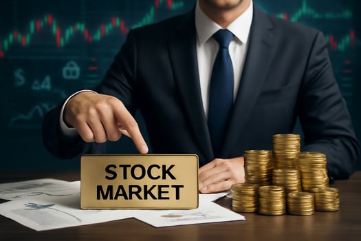 Stock market concept with businessman pointing at gold coins and stock market sign photo