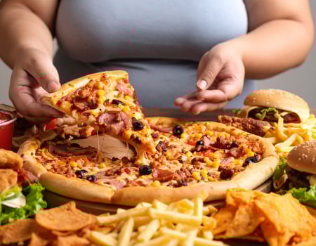 A woman is holding a pizza with a large amount of food photo