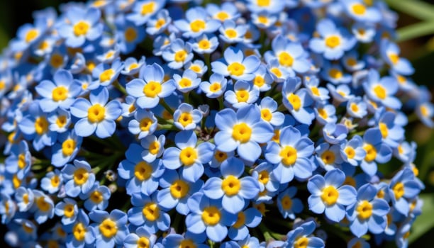 close up view of clusters of tiny blue forget me not flowers tightly packed, their vivid yellow centers and delicate petals shimmering subtly in natural sunlight. photo